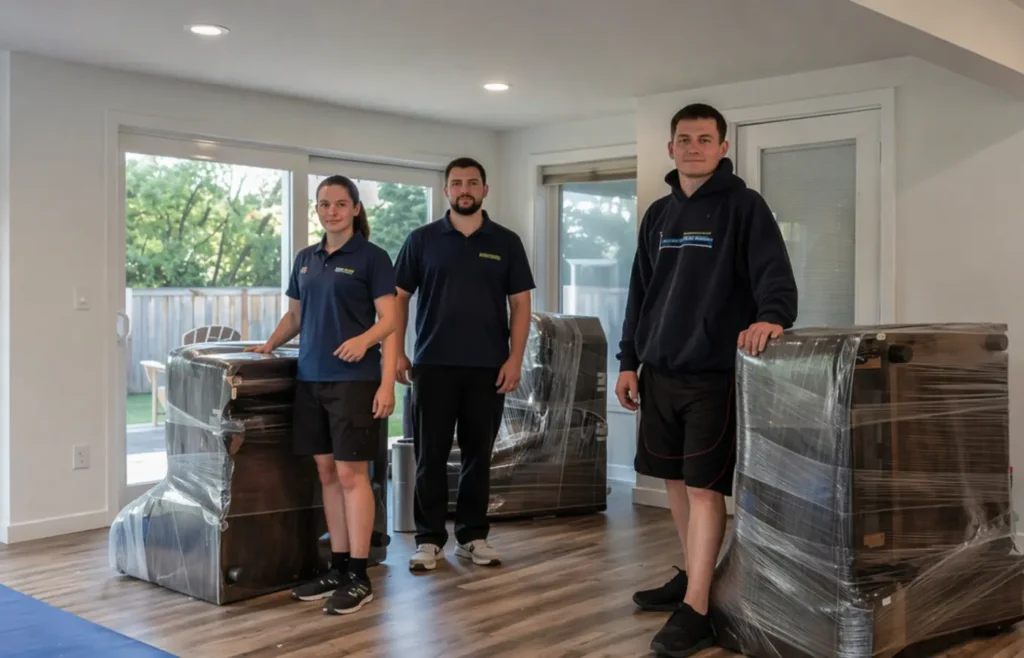 Trzech pracowników z zapakowanymi meblami