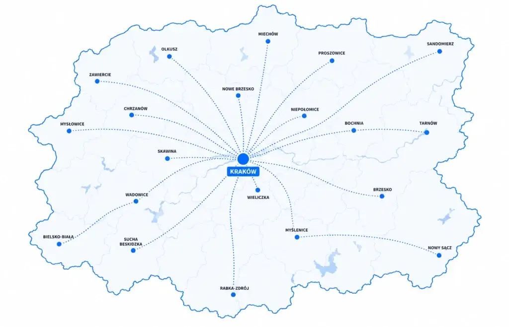 Mapa okolic Krakowa z zaznaczonymi trasami przeprowadzek do miast Małopolski i południowej Polski.