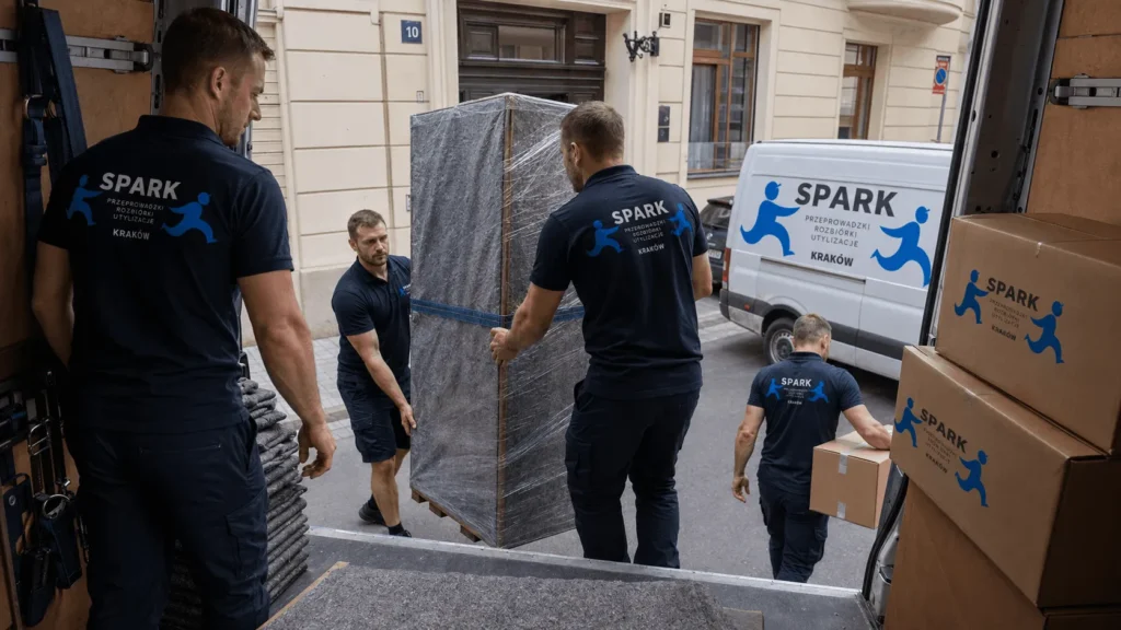 Ekipa Spark Przeprowadzki przy samochodzie firmowym podczas realizacji przeprowadzki w Krakowie