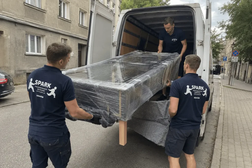 Ekipa Spark Przeprowadzki wnosi zabezpieczony stół do samochodu dostawczego