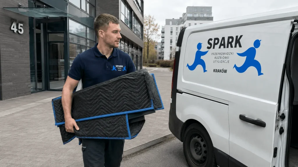Pracownik Spark Przeprowadzki Kraków przygotowuje matę ochronną do zabezpieczenia sprzętu elektronicznego przy firmowym samochodzie