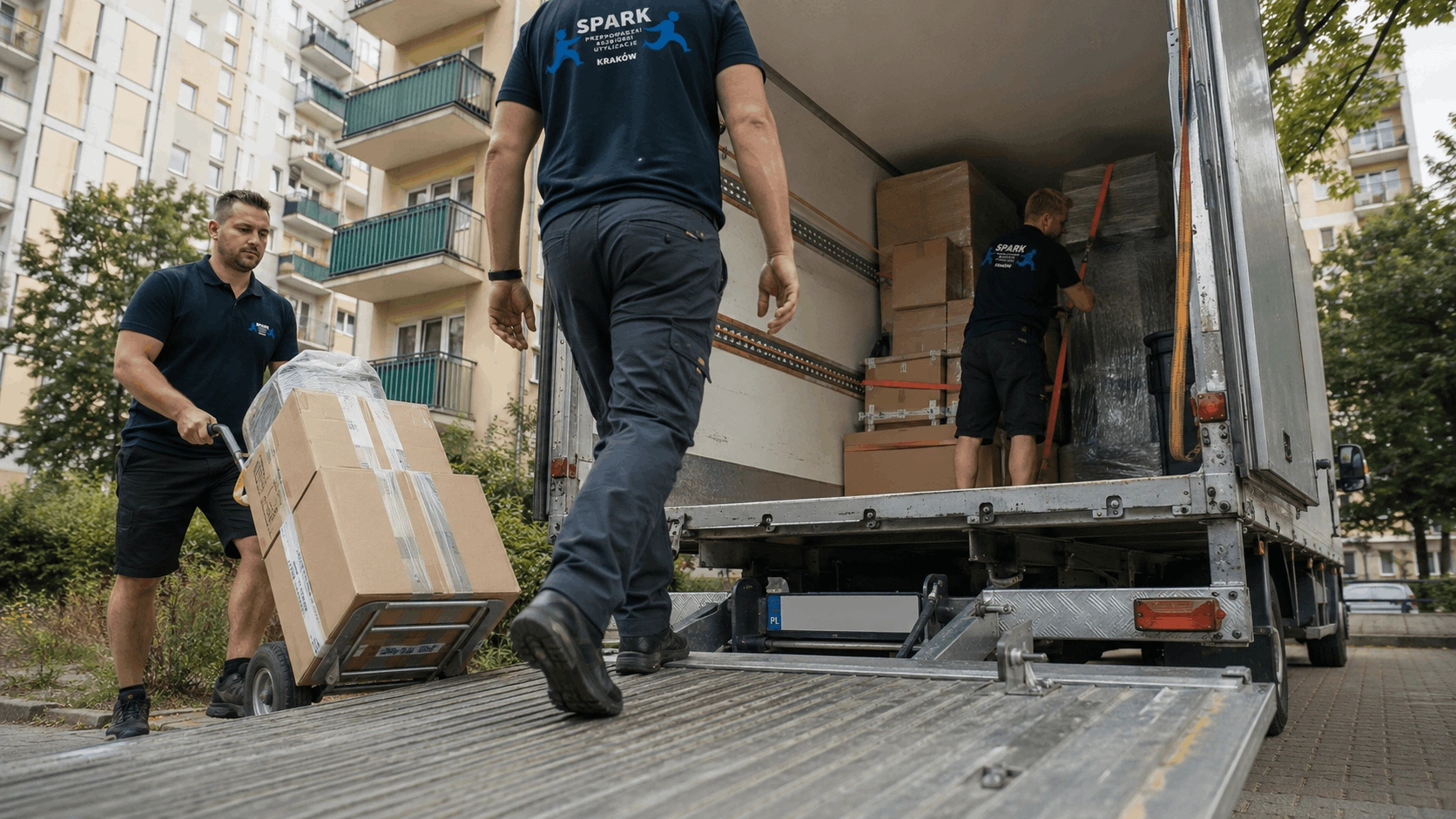 Ekipa Spark Przeprowadzki ładuje duży mebel do samochodu dostawczego.