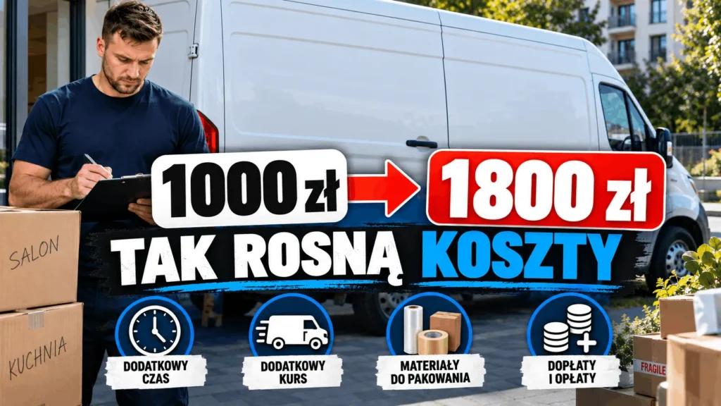 Przeprowadzka i rosnące koszty - cena wzrasta z 1000 zł do 1800 zł przez dodatkowy czas, kursy, materiały do pakowania i dopłaty.