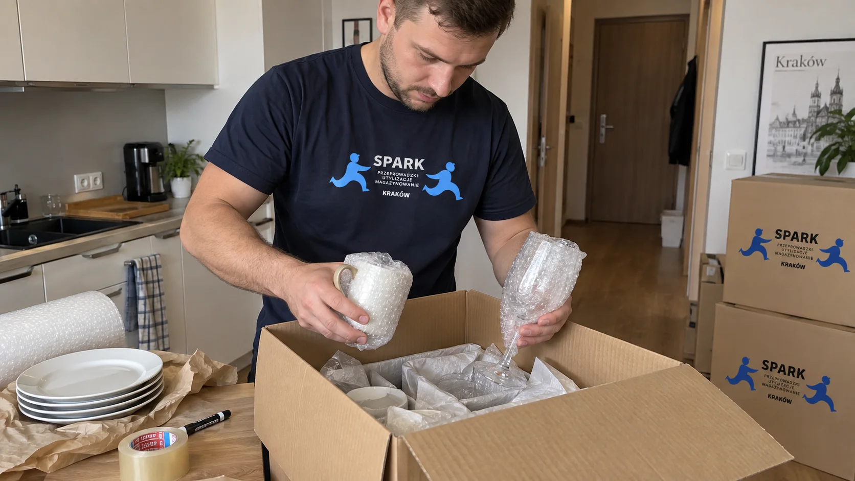 Pracownik firmy Spark zabezpiecza szkło i delikatne przedmioty przed przeprowadzką.