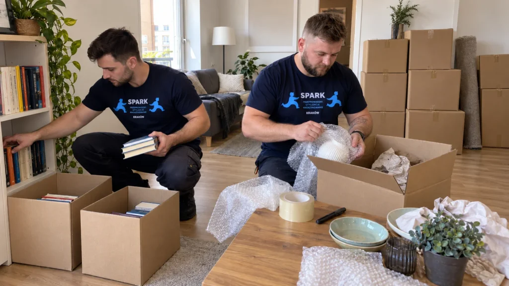 Dwóch pracowników Spark starannie pakuje wyposażenie mieszkania do opisanych kartonów.
