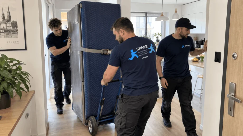 Transport zabezpieczonej lodówki na wózku przez ekipę przeprowadzkową SPARK