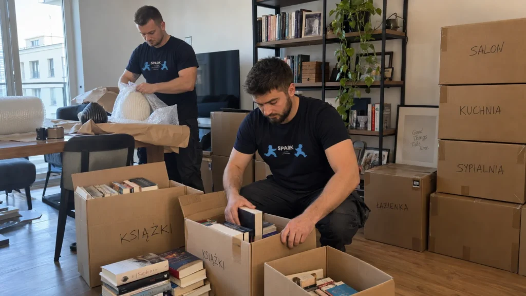 Pracownicy firmy przeprowadzkowej Spark pakują książki i wyposażenie mieszkania do kartonów.